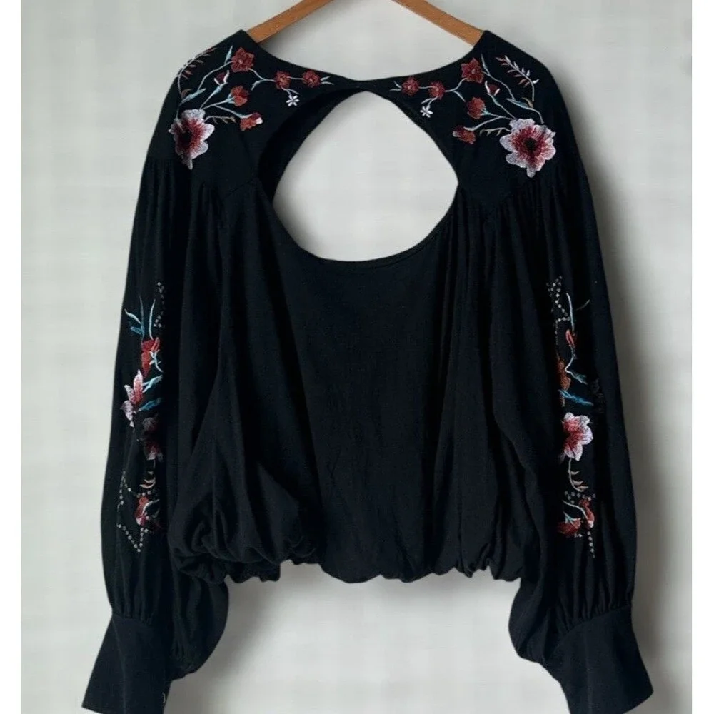Free People Whimsical Embroidery Black Top Size M - Picture 5 of 8